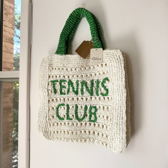 New Free People De Siena Tennis Club Raffia Tote Bag White Green - Picture 4 of 8